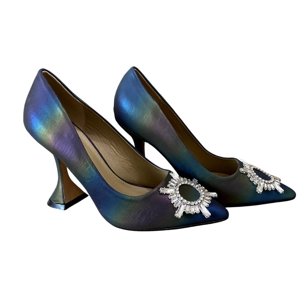 RARE Lulus Rainbow Hologram Pumps & Crystal Buckle 3.5" Pyramid Heels Sz 6.5